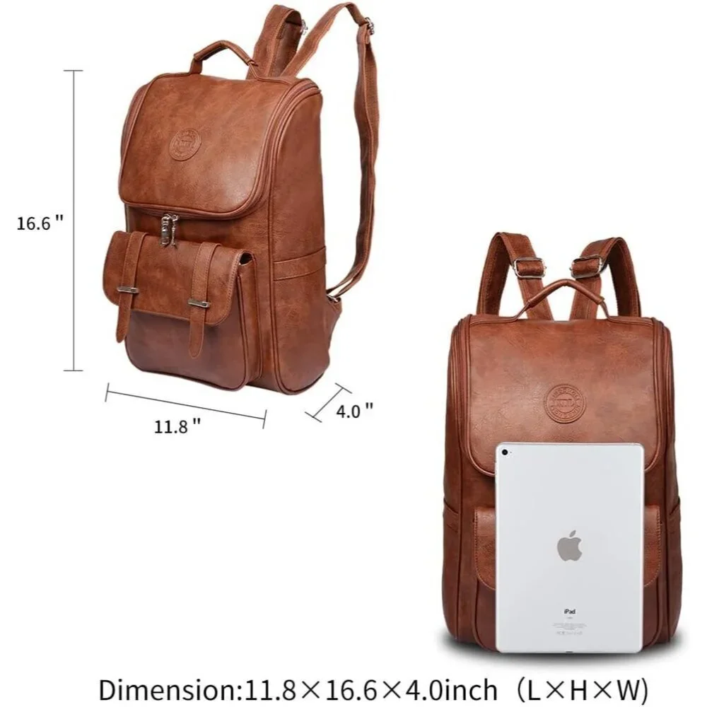 ✨Brown Faux Leather Backpack Slim Laptop Travel Pack Waterproof Daypack Bag